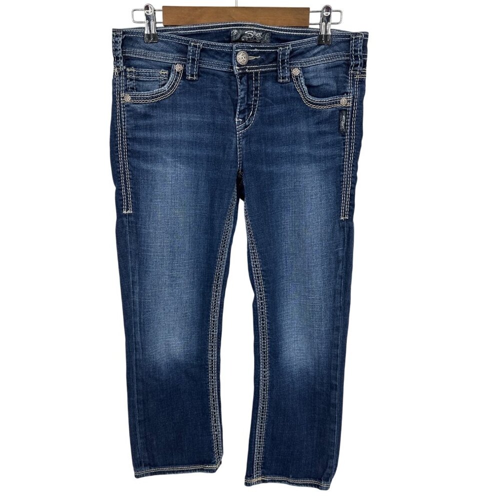 Silver Jeans Aiko Capri Mid-Rise Stretch Denim Womens Size 30 Dark Wash Stitchin